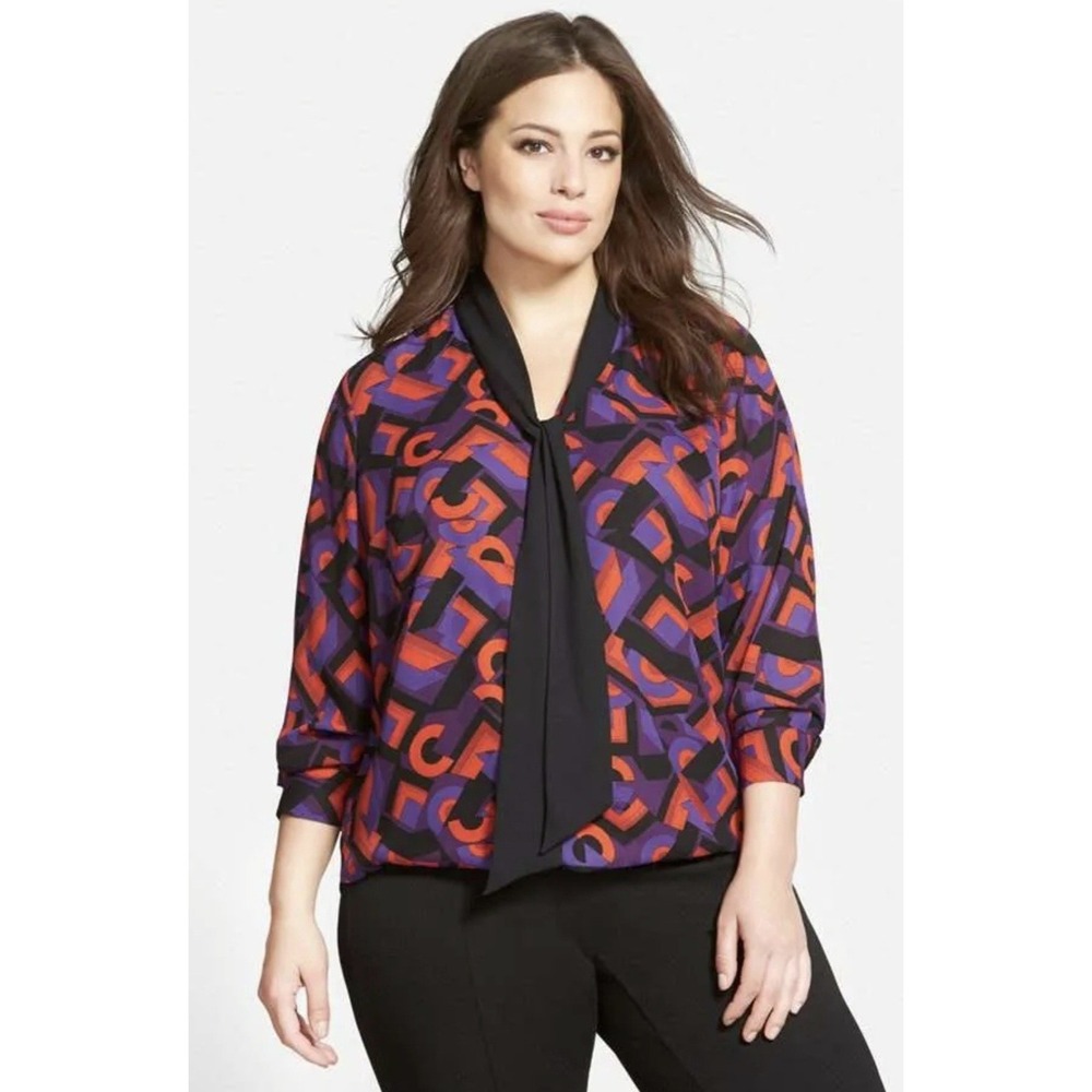 Vince Camuto Blouse Womens 2X Black Red Purple Scarf Geometric Long Sleeve
